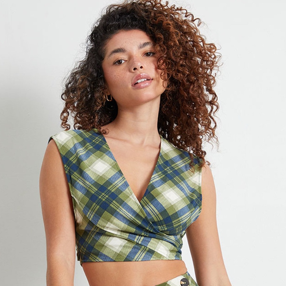 WeWoreWhat Green and Yellow Wrap Crop Top